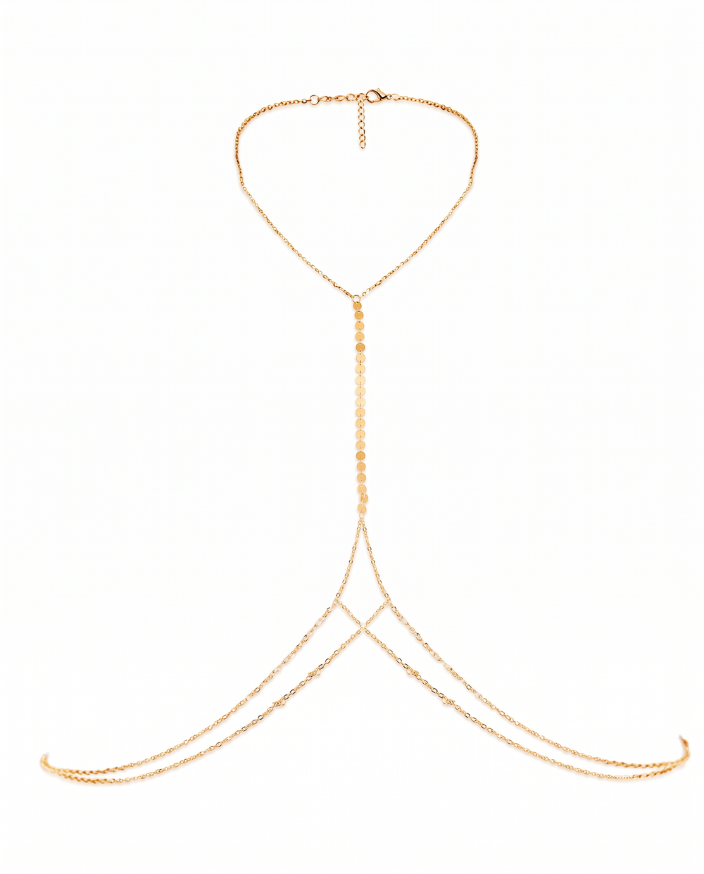Cascata Body Chain in gold — layered harness, collarbone to waist