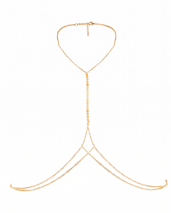 Cascata Body Chain in gold — layered harness, collarbone to waist