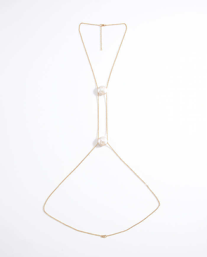 Vita Body Chain in gold — minimalist harness with two freshwater pearls