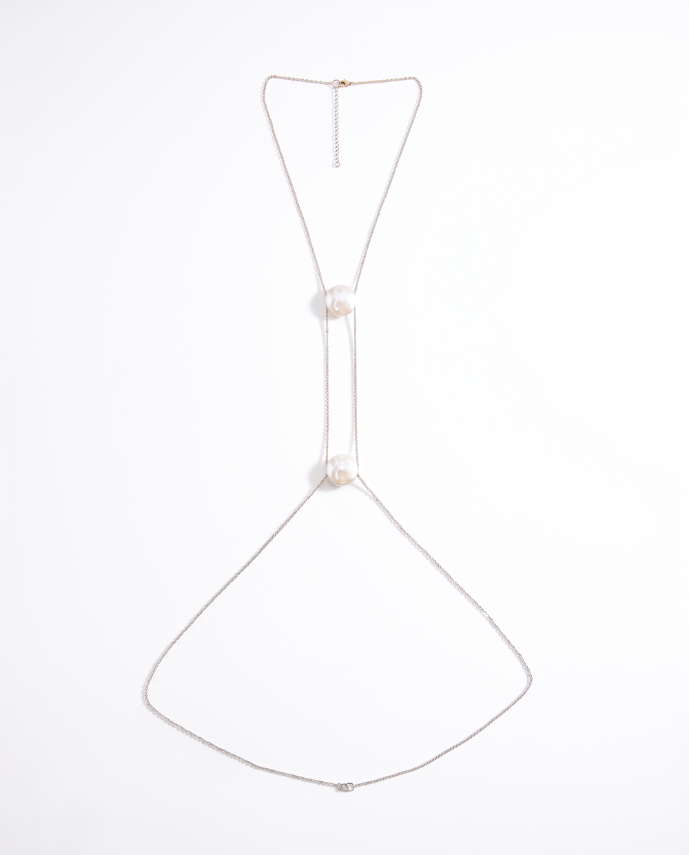 Vita Body Chain in silver — minimalist harness with two freshwater pearls