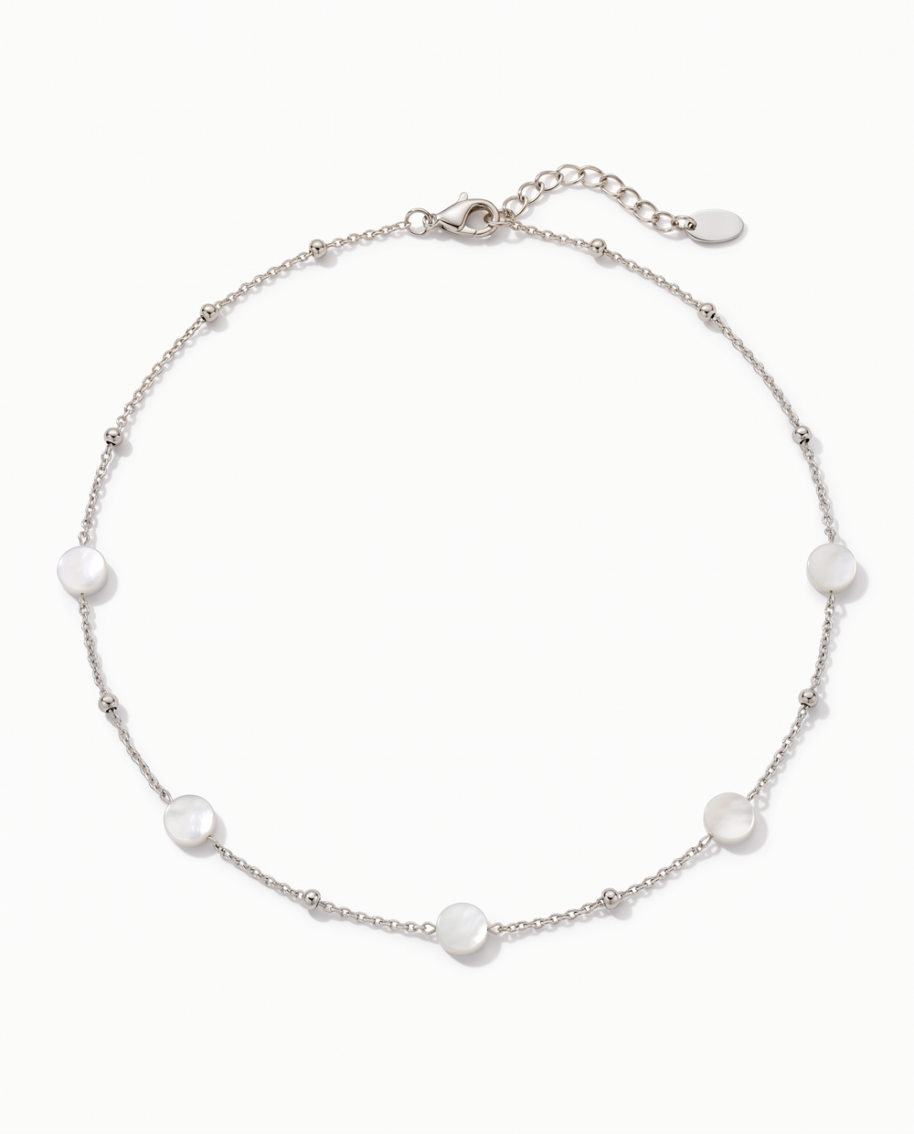 Lume silver belly chain — beaded chain with mother-of-pearl stations