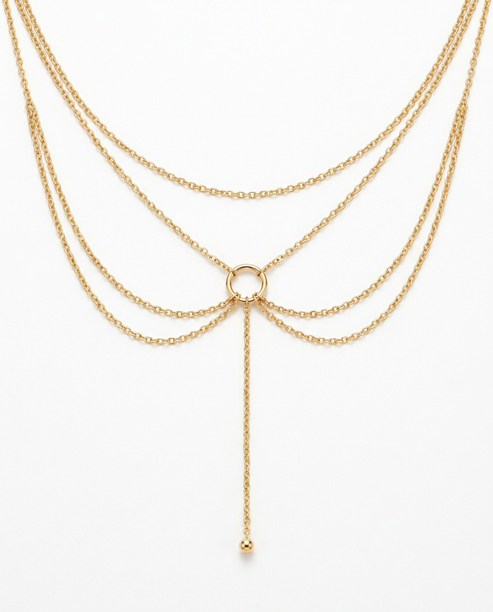 Velo Body Chain in gold — layered chain with lariat drop