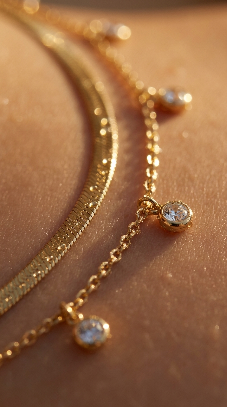 Vespera Belly Chain macro detail — herringbone band and crystals