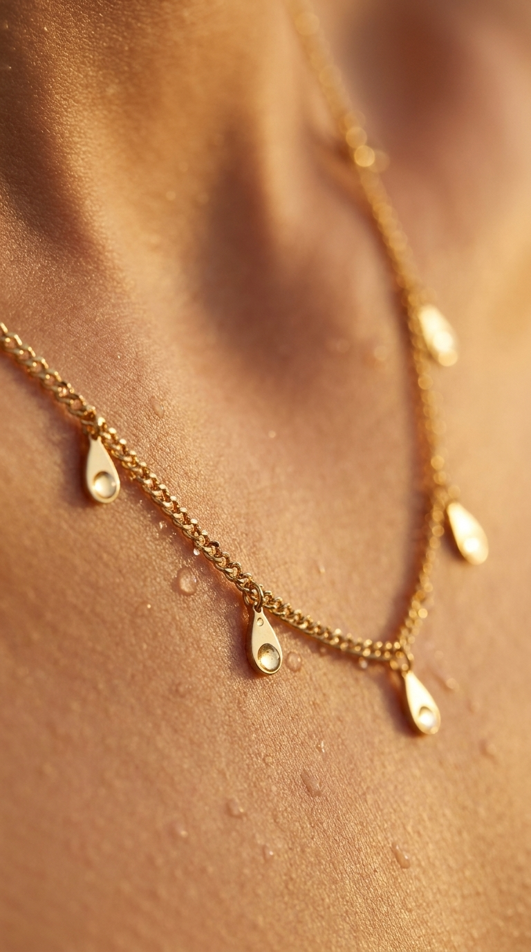 Goccia Belly Chain macro detail — teardrop charms on fine chain