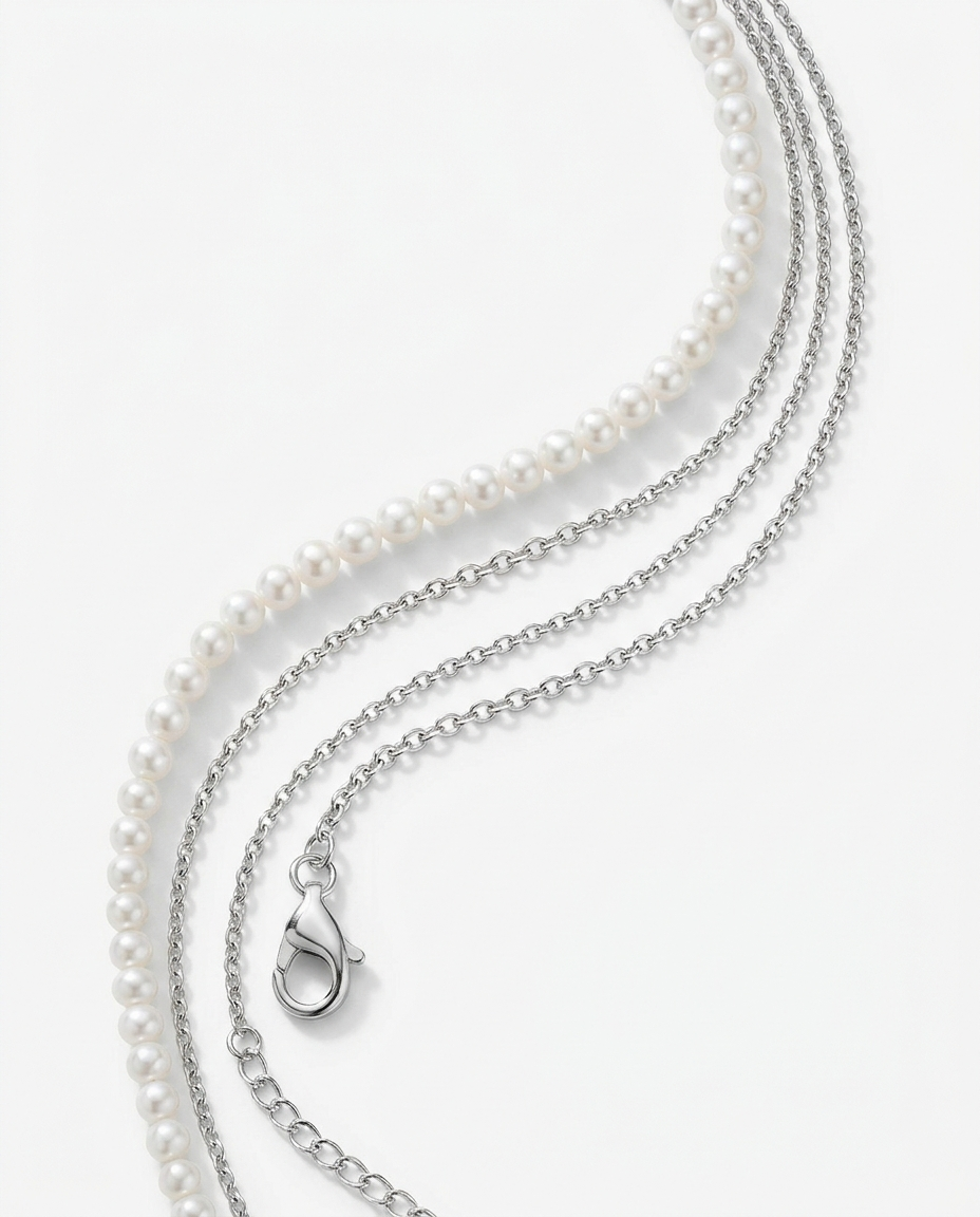 Brina Belly Chain in silver — three-strand pearl and chain