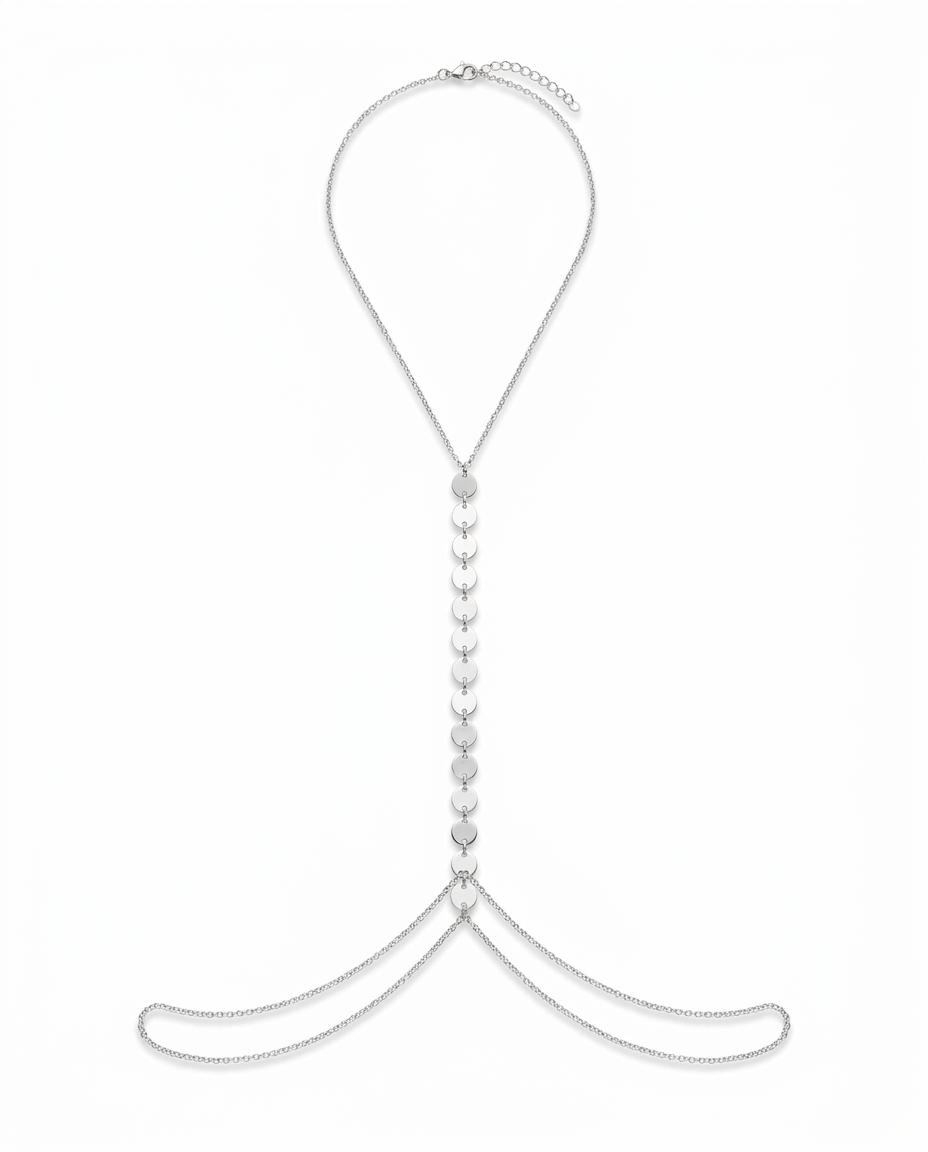 Cascata Body Chain in silver — layered disc harness