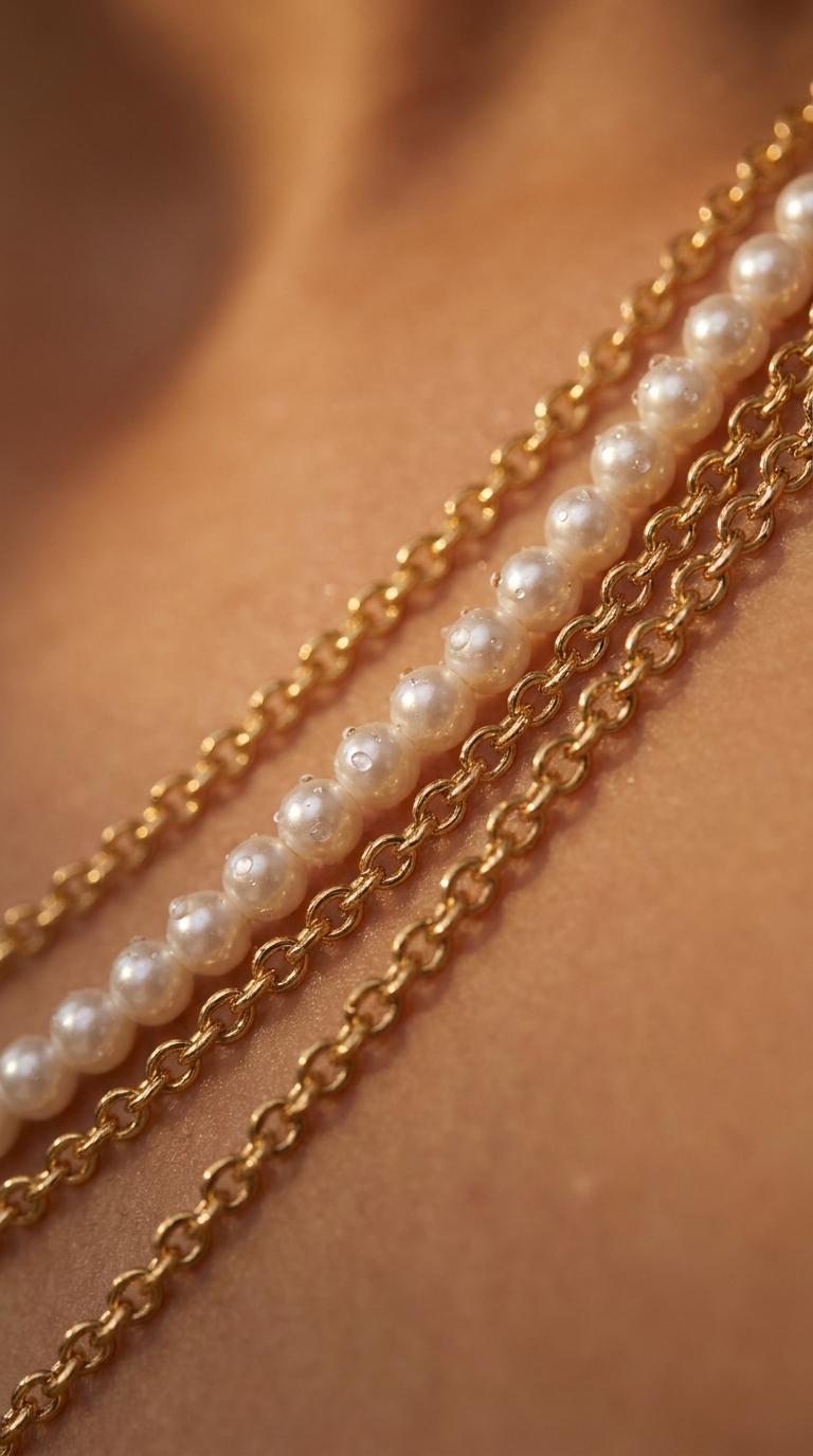 Brina Belly Chain macro detail — pearls and fine chains