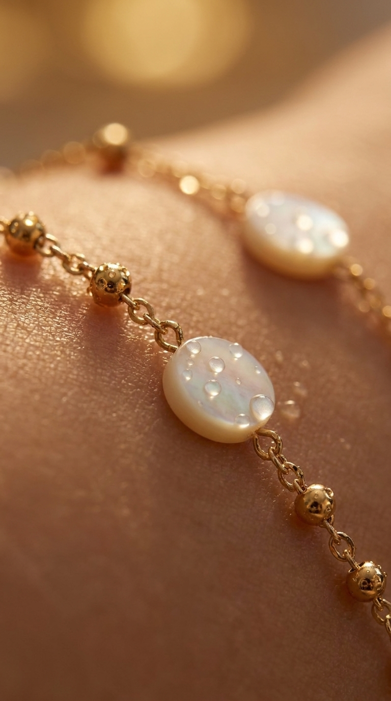 Lume Belly Chain macro detail — mother-of-pearl stations